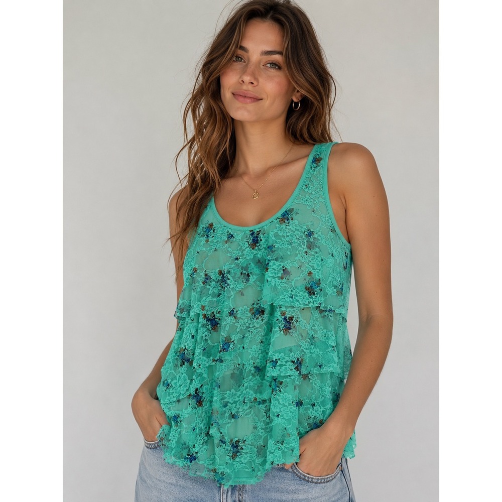 Deb Tank Top Womens Small Teal Floral‎ Tiered Ruffle Lace Y2K Coquette Fairycore